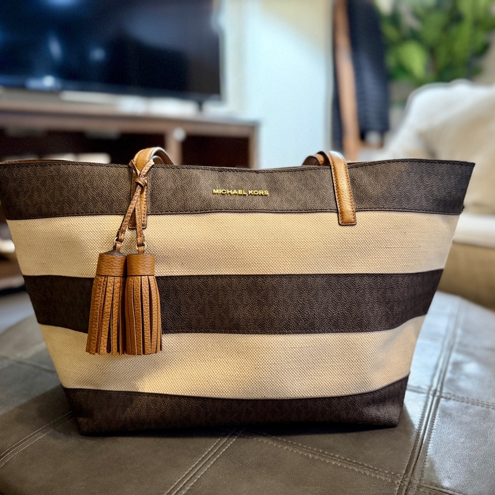 Michael Kors Brown and Cream Striped Tote with Tassel